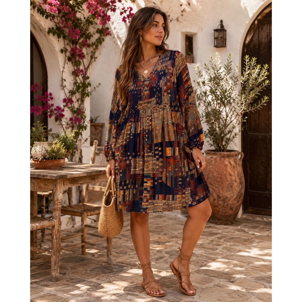 ETHYL Boho Patchwork Geometric Smocked V-Neck Rayon Mini Dress H2507D1-SWANK